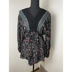 NTW Angie Women's Paisley Lace Hem Boho Floral Elastic Waist Blouse Black L
